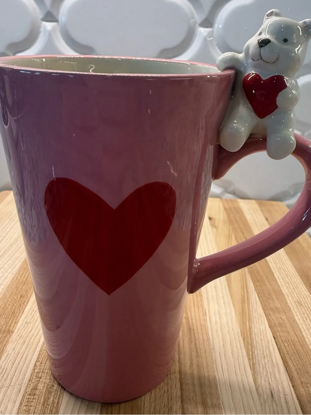 Valentine's Pink Ceramic Heart Mug with White Bear Handle 16oz
